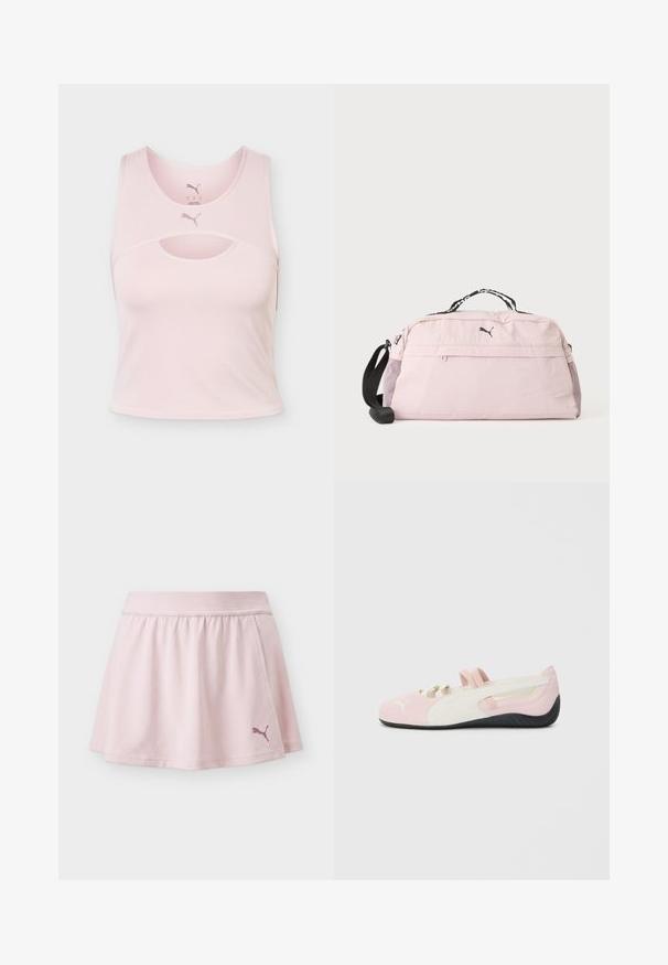 Lichtroze mouwloos sport crop top met een ronde halslijn, uitgesneden detail en Puma-logo in het midden vooraan en binnenin de kraag.; Lichtroze sportrok met elastische tailleband en Puma-logo aan de rechteronderkant, getoond op een effen achtergrond.; Roze suede instapper met witte accenten, rubberen zool en elastische bandjes. Kenmerkt zich door een gestructureerd ontwerp en een klein logo aan de voorkant.; Lichtroze Puma sporttas met zwarte verstelbare schouderriem, bovenhandvat, voorvak met rits en mesh zijvakken op een witte achtergrond.