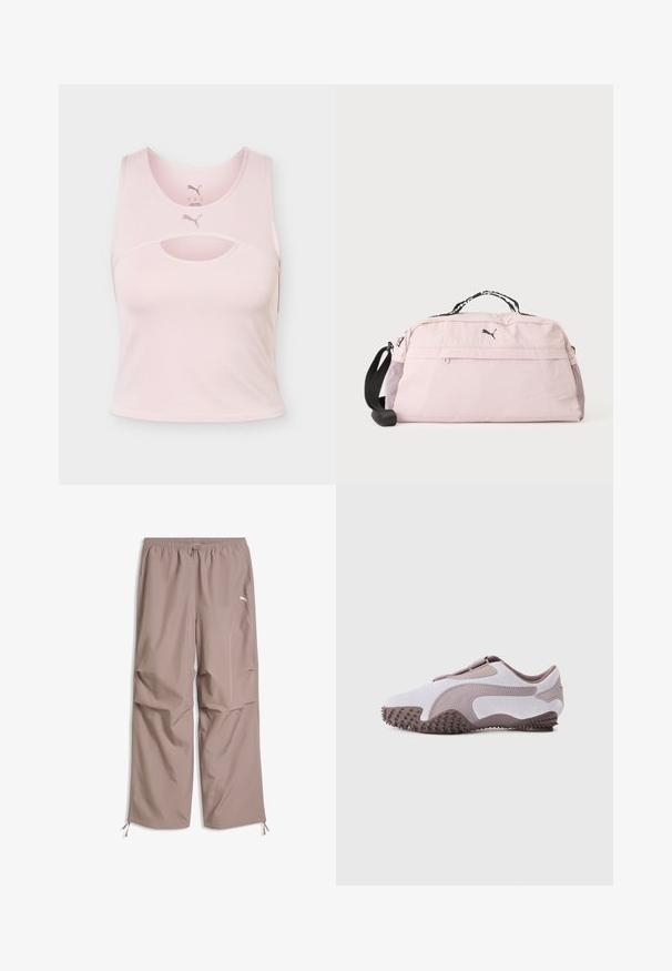 Crop top de sport sans manches rose clair avec encolure arrondie, détail découpé et logo Puma au centre devant et à l’intérieur du col.; Pantalon à jambes larges couleur brun clair avec ceinture élastique, cordon de serrage à la taille et aux bas, poches latérales, et logo Puma sur la cuisse droite.; Chaussure de sport gris clair avec une tige en daim souple, une semelle en caoutchouc dotée de pointes texturées et un design flexible. Logo latéral dans une teinte plus foncée.; Sac de sport Puma rose clair avec bandoulière réglable noire, poignée supérieure, poche avant zippée et poches latérales en mesh sur fond blanc.