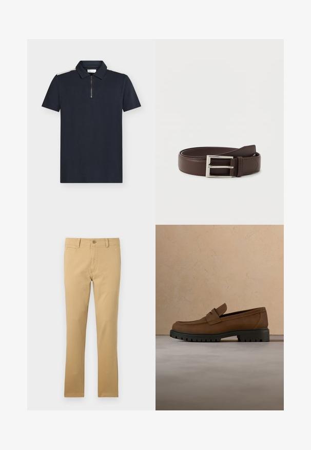Tmavomodré polo tričko s krátkymi rukávmi, textúrovanou tkaninou, detailom na zips na golieri a kontrastnými bielymi akcentmi na pleciach.; Khaki nohavice vyrobené z bavlny, s rovným strihom, prednými vreckami, gombíkovým zapínaním a jemnou textúrou látky.; Tmavohnedý kožený mokasín s hrubou čiernou gumovou podrážkou zobrazený nad béžovým koberecom a pozadím sedačky.; Tmavohnedý kožený opasok so striebornou obdĺžnikovou prackou, úhľadne stočený na jednoduchom bielom pozadí.