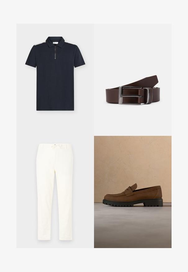 Polo bleu marine à manches courtes, tissu texturé, col zippé et détails contrastants blancs sur les épaules.; Pantalons en lin légers et blancs avec une taille à cordon de serrage. Conception à jambes droites, texture minimale et sans motifs ou détails matériels visibles.; Mocassin en cuir marron foncé avec semelle épaisse en caoutchouc noir présenté au-dessus d’un tapis beige et d’un canapé en arrière-plan.; Ceinture en cuir marron avec une boucle en métal argenté, présentant une texture lisse et un design rectangulaire épuré. Simple et fonctionnelle.