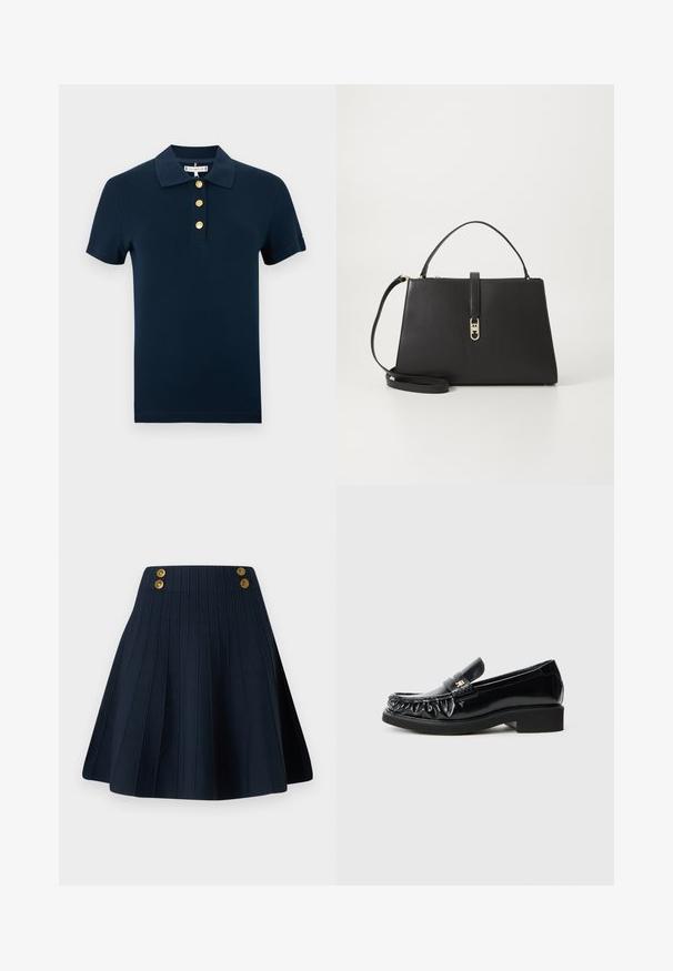 Camiseta tipo polo azul marino de algodón, con cuello con solapa, mangas cortas y tres botones dorados en la tapeta. Textura suave.; Falda plisada azul marino con un tejido texturizado, cinturilla alta y dos botones dorados en el frente, creando una línea limpia y una forma estructurada.; Mocasines de charol negro con un borde decorativo recogido, suela de goma plana y un pequeño logotipo metálico como acento en la correa.; Tommy Hilfiger TH LIBRE MED SATCHEL - Bolso de mano - black
