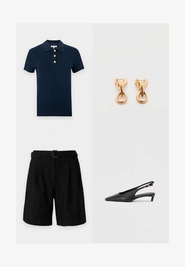 Marineblaues Poloshirt aus Baumwolle, mit einem Kragen, kurzen Ärmeln und drei goldenen Knöpfen an der Knopfleiste. Glatte Textur.; Schwarze maßgeschneiderte Shorts mit glatter Textur, breitem Taillenbund und metallischem Schnallen-Detail. Strukturiertes Design und gefaltete Vorderseite.; Schwarze Slingback-Pumps mit spitzer Zehe, glatter Lederoberfläche, niedrigem Kitten-Absatz und einem Riemen mit einem metallenen Schnallenakzent.; Paar glänzende goldfarbene Creolen mit verschlungenem, verdrehtem Design auf schlichten weißem Hintergrund.