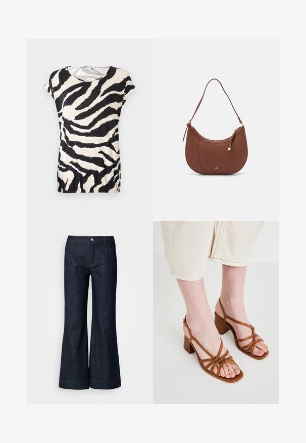 Kortærmet top i et glat stof med et sort og kremfarvet zebra-stribe mønster, rund halsudskæring og en afslappet pasform.; Mørk vaskede denimjeans med en flagrende design, der har en knaplukning, orange syninger og opfoldede sømme. Glat tekstur og klassisk stil.; Brune sandaler med høje hæle og stropper, der har en kraftig hæl. De har knyttede stropper og et åbent tådesign. Tekstureret sål og justerbar ankelstrop.; Brun faux læder skuldertaske med buet form, minimal syning og en guldtonet hardwaredetalje. Har en top lynlåslukning og justerbar rem.