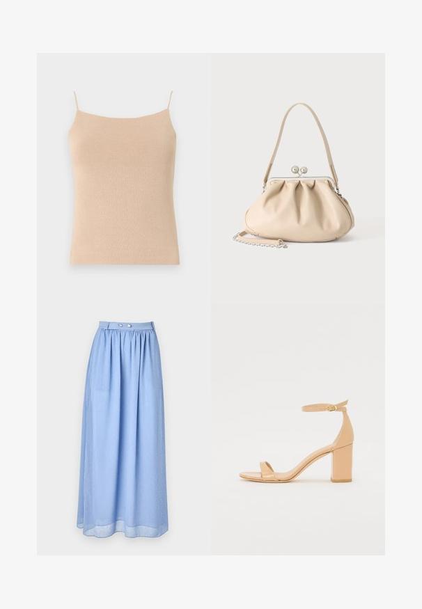Beige gestricktes Cami mit dünnen Trägern, das ein tailliertes Design und einen strukturierten Stoff aufweist, ideal zum Layering oder für legere Outfits.; Hellblauer Maxirock aus transparentem Stoff mit gerafftem Bund, der silberne Knopfdetails und ein dezentes Muster aus kleinen weißen Punkten aufweist.; Nude Patentleder Pantolette mit Absatz, quadratischer Zehenpartie, Knöchelriemen und einem klobigen Blockabsatz. Glatte Textur und minimalistische Designdetails.; Beige weiche Lederhandtasche mit silbernem Metallrahmenverschluss, einem Schulterriemen und einem optionalen Kettenriemen auf weißem Hintergrund.