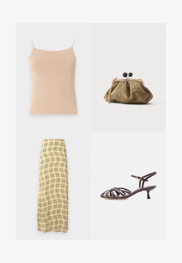 Beige pletená tielko s tenkými ramienkami, so priliehavým strihom a textúrovanou tkaninou, ideálne na vrstvenie alebo každodenné nosenie.; Rabanne Maxisukňa - green/yellow/cream; Tmavohnedá kožená sandála na nízkom podpätku s remienkami a nastaviteľným prackovým remienkom okolo členka na bielom pozadí.; Malá kabelka s geometrickým zlatým a čiernym vzorom, kovovým rámom v zlatom tóne, čiernym zapínaním v tvare guličky a krátkým zlatým retiazkovým remienkom.