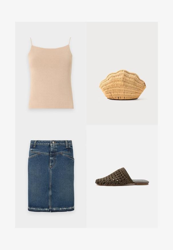 Camisole en tricot beige avec des bretelles fines, présentant une coupe ajustée et un tissu texturé, idéale pour le superposition ou un usage décontracté.; Jupe en denim avec un délavage bleu classique, un design à cinq poches et un ourlet effiloché. Se ferme avec un bouton à l'avant et une fermeture éclair.; Mule tissée marron à enfiler avec une semelle plate et un bout fermé arrondi sur fond blanc.; Sac à main en rotin tissé en forme de coquille Saint-Jacques de couleur brun clair naturel avec des bords arrondis et texturés.