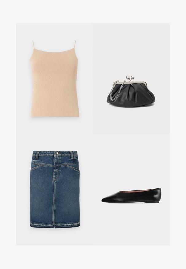 Beige strik camisole med tynde stropper, med en tætsiddende pasform og tekstureret stof, ideel til lag-på-lag styling eller afslappet brug.; Denimnederdel med et klassisk blåt vask, fem-lomme design og frynset kant. Lukker med en frontknap og lynlås.; Sort damesko i læder med flad hæl og spids tå, vist fra siden på en ensfarvet lys grå baggrund.; Sort læder clutch med samlet tekstur, sølvfarvet metalramme, kys-lås lukning og kædestrop. Glat, blød overflade.