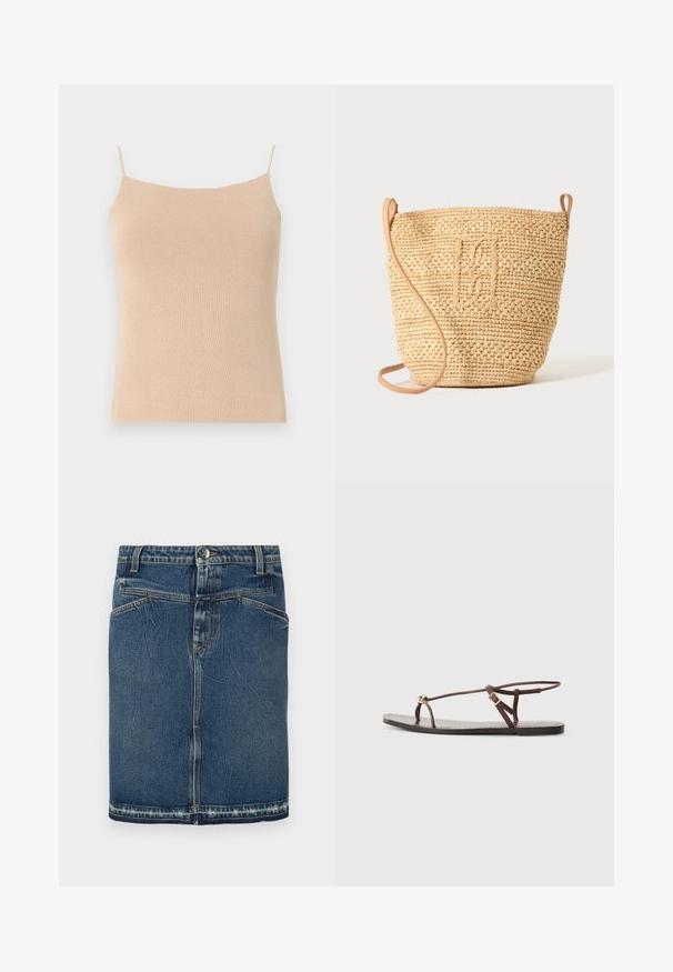 Beige gebreide top met dunne bandjes, met een aansluitend ontwerp en textuurstof, ideaal voor het dragen in lagen of casual gebruik.; Denimrok met een klassieke blauwe wassing, vijfzakkenontwerp en rafelige zoom. Sluit met een knoop en ritssluiting aan de voorkant.; Bruine leren sandaal met dunne banden, een gouden cirkelaccent en een platte zool. Minimalistisch ontwerp met een verstelbare gesp.; Gevlochten strooien bucket bag met een gestructureerd patroon en leren riem, rechtopstaand weergegeven op een egale lichte achtergrond.