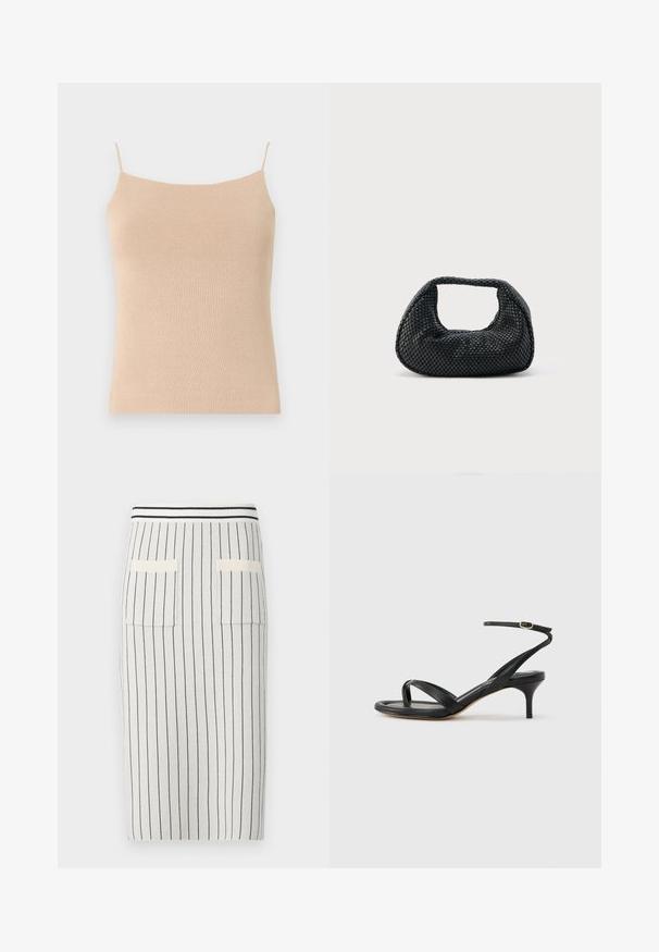 Beige gestricktes Cami mit dünnen Trägern, das ein tailliertes Design und einen strukturierten Stoff aufweist, ideal zum Layering oder für legere Outfits.; Strick-Minirock in hellgrau mit dunklen vertikalen Streifen, ausgestattet mit einem gerippten Taillenbund und zwei aufgesetzten Taschen auf der Rückseite. Weiche Textur.; Schwarze Ledersandale für Damen mit dünnen Riemchen, einer Zehenlasche, einer Knöchelschnalle und einem mittelhohen Stöckelabsatz vor neutralem Hintergrund.; Schwarze gewebte Hobo-Tasche mit weicher Struktur und integriertem Griff, dargestellt vor einem schlichten hellen Hintergrund.