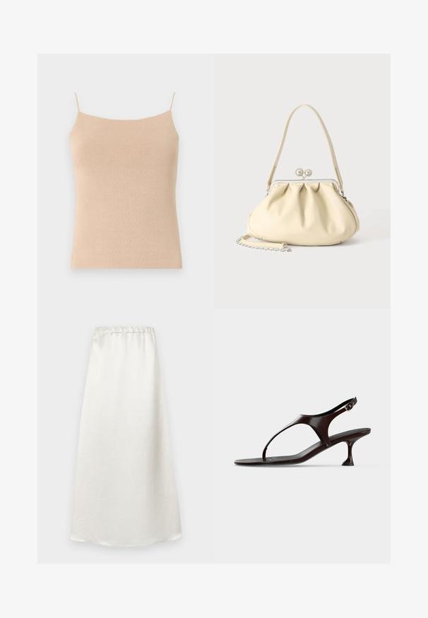 Camisole en tricot beige avec des bretelles fines, présentant une coupe ajustée et un tissu texturé, idéale pour le superposition ou un usage décontracté.; Jupe blanche longueur cheville en tissu lisse et léger, avec une taille froncée et une finition texturée subtile.; Sandale slingback en cuir verni marron foncé avec petit talon et bride entre les orteils sur fond blanc.; Sac à main en cuir souple couleur crème avec un design froncé, fermoir cadre argenté, poignée courte et bandoulière chaîne amovible.