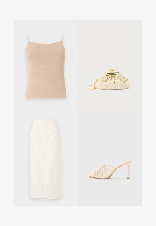 Beige strik camisole med tynde stropper, med en tætsiddende pasform og tekstureret stof, ideel til lag-på-lag styling eller afslappet brug.; Hvid knælang nederdel lavet af letvægtsstof, med en omslagsdesign og blød, tekstureret overflade. Enkle, rene linjer uden pynt.; Beige højhælede mules med et stribet design. Har en firkantet tå, en glat tekstur og en slank hæl med en gylden accent ved bunden.; Kremfarvet clutchtaske lavet af blødt materiale, med guldlås og kæderem, og med et smock-design på taskens overflade.