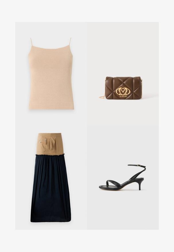 Beige strik camisole med tynde stropper, med en tætsiddende pasform og tekstureret stof, ideel til lag-på-lag styling eller afslappet brug.; Lyse denim nederdel med navy crepe flæse detajler; har lommer og sølv hardware; kombinerer en struktureret top med en svag nederste sektion.; Sort damesandal i læder med tynde remme, en tå-loop, ankelspænde og en mellemhøj stiletthæl på en neutral baggrund.; Brun quiltet læder skuldertaske med guldkæde-rem og guld Love Moschino-logo foran i midten.