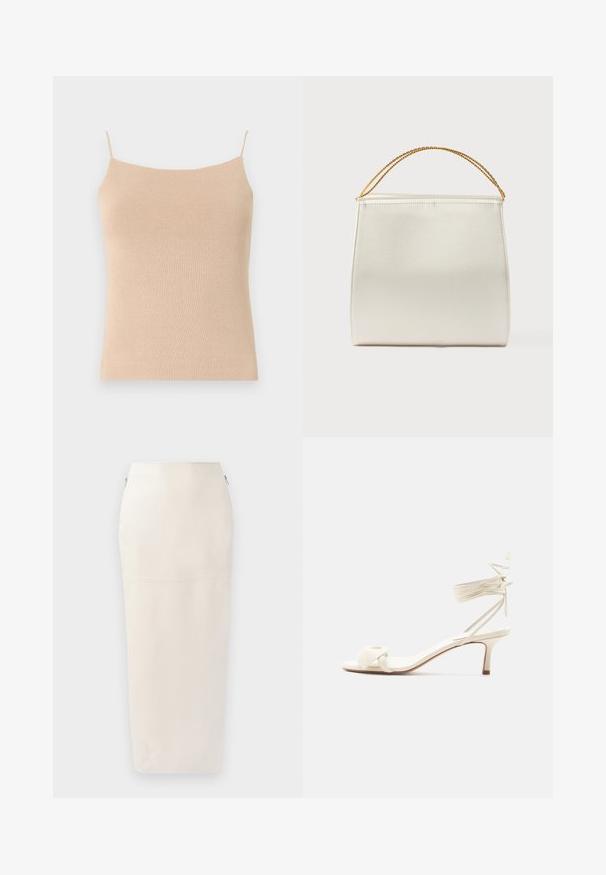 Beige gebreide top met dunne bandjes, met een aansluitend ontwerp en textuurstof, ideaal voor het dragen in lagen of casual gebruik.; Crème midi-jurk met een aangesloten silhouet, gemaakt van soepel materiaal, met een verborgen rits aan de zijkant en minimalistische naaddetails.; Roomkleurige sandalen met lage hak, enkelriempjes en een brede gedraaide band over de tenen, op een effen witte achtergrond.; Gestructureerde handtas met satijnen afwerking, crèmekleurig, met een schouderriem van ketting. Kenmerkt zich door een vlakke, gladde textuur en nette naden.