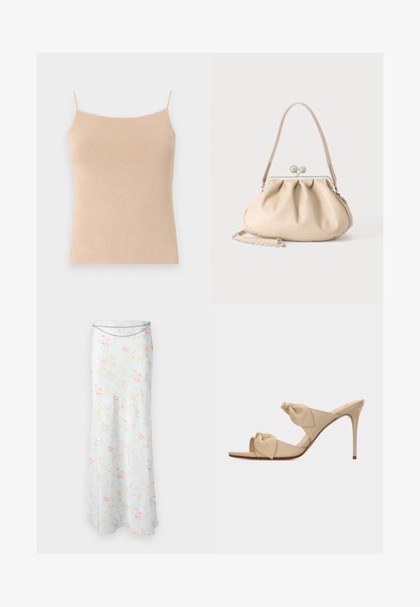 Camiseta de punto beis con tirantes finos, que presenta un diseño ceñido y una tela texturizada, ideal para superponer o para uso casual.; Rabanne Falda larga - pink/blue/green/yellow; Sandalia mule de tacón alto color beige con dos tiras nudo retorcidas y tacón stiletto delgado sobre fondo blanco.; Bolso de mano de cuero suave beige con cierre de marco metálico plateado, una correa para el hombro y una correa de cadena opcional sobre un fondo blanco.