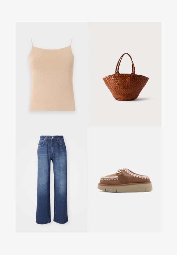 Beige gebreide top met dunne bandjes, met een aansluitend ontwerp en textuurstof, ideaal voor het dragen in lagen of casual gebruik.; Wijd-uitlopende blauwe spijkerbroek met een hoge taille, vijf zakken en een zilveren knoopsluiting. De stof heeft een gladde textuur met subtiele vervaging.; Bruine leren instapper met een beige rubberen zool, contrasterend gevlochten detail op de bovenkant en een decoratieve gesp-accent.; Bruine gevlochten leren handtas met brede bodem die naar boven toe smaller wordt en twee gevlochten handvatten, afgebeeld op een effen lichte achtergrond.