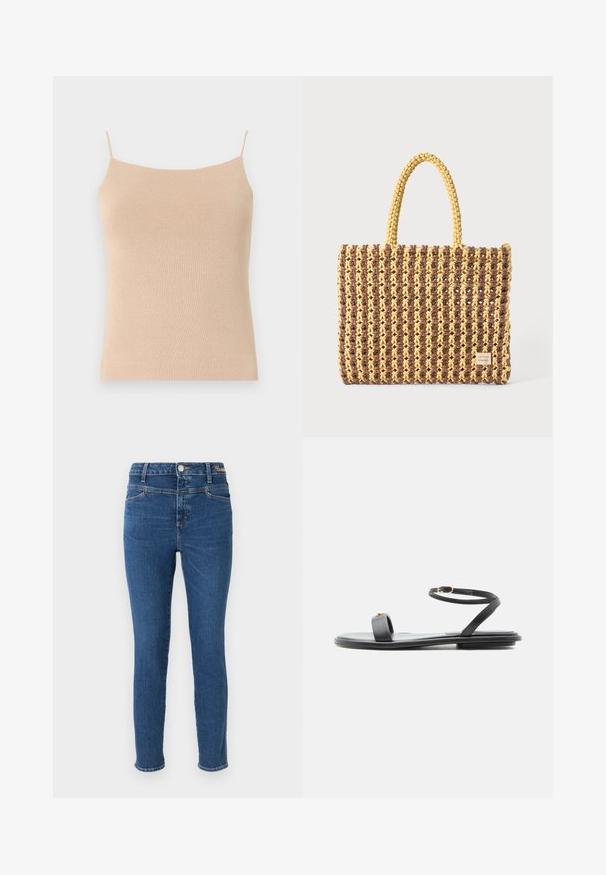 Beige gebreide top met dunne bandjes, met een aansluitend ontwerp en textuurstof, ideaal voor het dragen in lagen of casual gebruik.; Skinny jeans in donkerblauwe denim, met vijf zakken, een knoopsluiting en contrasterende stiksels. Glad textuur met minimale vervaging.; Zwarte platte sandaal met smalle enkelband, gouden gesp en brede teenband op een effen witte achtergrond.; Geweven tas in bruin en geel, met een rechthoekige vorm, twee handvatten en een textuurafwerking met zichtbare stiksels en een merketiket.
