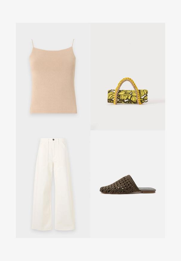 Beige strik camisole med tynde stropper, med en tætsiddende pasform og tekstureret stof, ideel til lag-på-lag styling eller afslappet brug.; Bredde bukser i off-white bomuldsstof, med høj talje, to forlommer og en enkelt knaplukning foran.; Brun vævet slip-on mule med flad sål og lukket rundet tå på hvid baggrund.; Rektangulær taske med gult og sort blomsterprint og flettet gul og pink hank på hvid baggrund.
