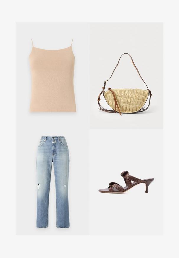 Beige strik camisole med tynde stropper, med en tætsiddende pasform og tekstureret stof, ideel til lag-på-lag styling eller afslappet brug.; Lys blå denim jeans med høj talje og lige ben. Har slidte detaljer på begge knæ og et klassisk fem-lomme design.; Brun vævet læder-sandal med to remme og en lav kittenhæle på en ensfarvet hvid baggrund.; Vævet stråtask med en halvmåneform, der har en brun læderrem og accenter. Textureret, naturlig farve med glatte kanter.