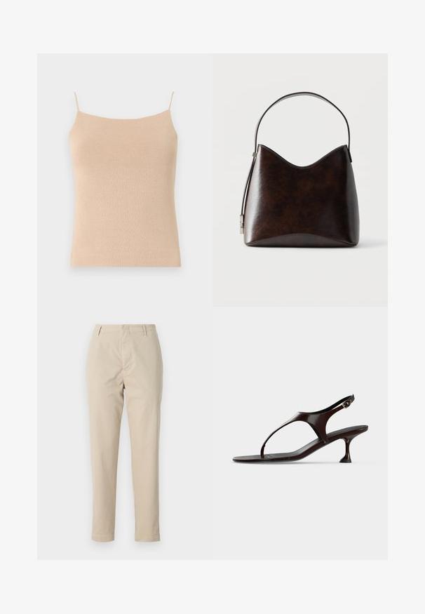 Beige gebreide top met dunne bandjes, met een aansluitend ontwerp en textuurstof, ideaal voor het dragen in lagen of casual gebruik.; Beige katoenen broeken met een rechte pasvorm, riemlussen en een ritsgulp. De stof heeft een gladde textuur en vertoont geen zichtbare patronen of accenten.; Donkerbruine lakleren slingbacksandaal met kittenheel en teenbandje op witte achtergrond.; Donkerbruine leren handtas met een gebogen bovenrand en één handvat, afgebeeld tegen een effen witte achtergrond.