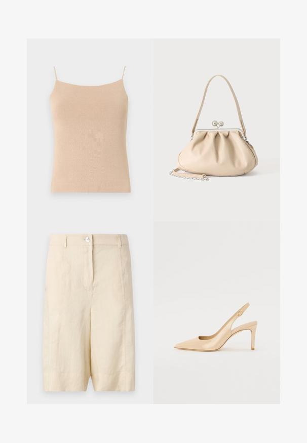Beige gebreide top met dunne bandjes, met een aansluitend ontwerp en textuurstof, ideaal voor het dragen in lagen of casual gebruik.; Beige linnen shorts met een gladde textuur, voorzien van een knoopsluiting aan de voorkant, een op maat gemaakte pasvorm en een rechte snit aan de onderkant.; Nude gepatineerd leren slingbackhak met een spitse neus, open vamp en een dunne stilettohak. Bevat een ronde gouden accent op de band.; Beige zachte leren handtas met een zilveren metalen frame sluiting, een enkele schouderriem en een optionele kettingriem op een witte achtergrond.