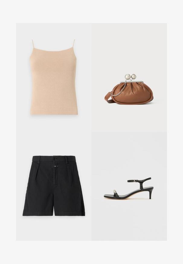Beige strik camisole med tynde stropper, med en tætsiddende pasform og tekstureret stof, ideel til lag-på-lag styling eller afslappet brug.; CLOSED REVYL - Denimshorts - black; Sort læder sandal med hæl og ankelrem, åben tå, firkantet front og sølvfarvede metalaccenter. Figurformet design med en slank profil.; Brun læder clutch-pung med sølv kugleklap og en lille sølv kædedetalje på en hvid baggrund.