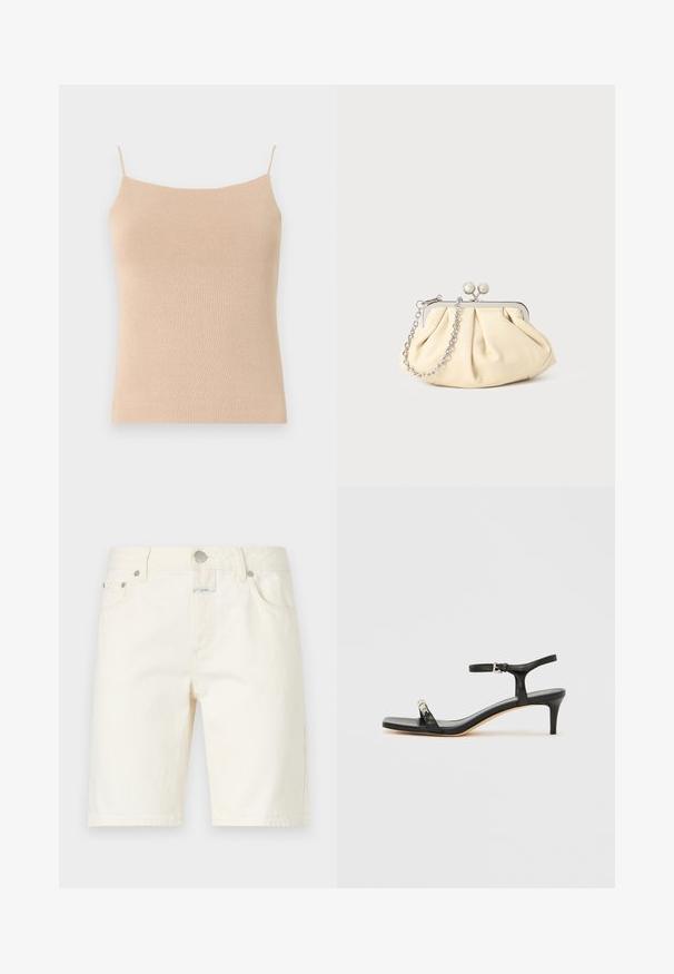 Camisole en tricot beige avec des bretelles fines, présentant une coupe ajustée et un tissu texturé, idéale pour le superposition ou un usage décontracté.; CLOSED JINNIE - Short - white; Sandale noire en cuir à talon avec bride à la cheville, bout ouvert, devant carré et accent en métal argenté. Design ajusté avec un profil élégant.; Pochette en cuir beige plissé avec un cadre en métal argenté, dotée de deux fermoirs ronds décoratifs et d'une chaîne en argent.