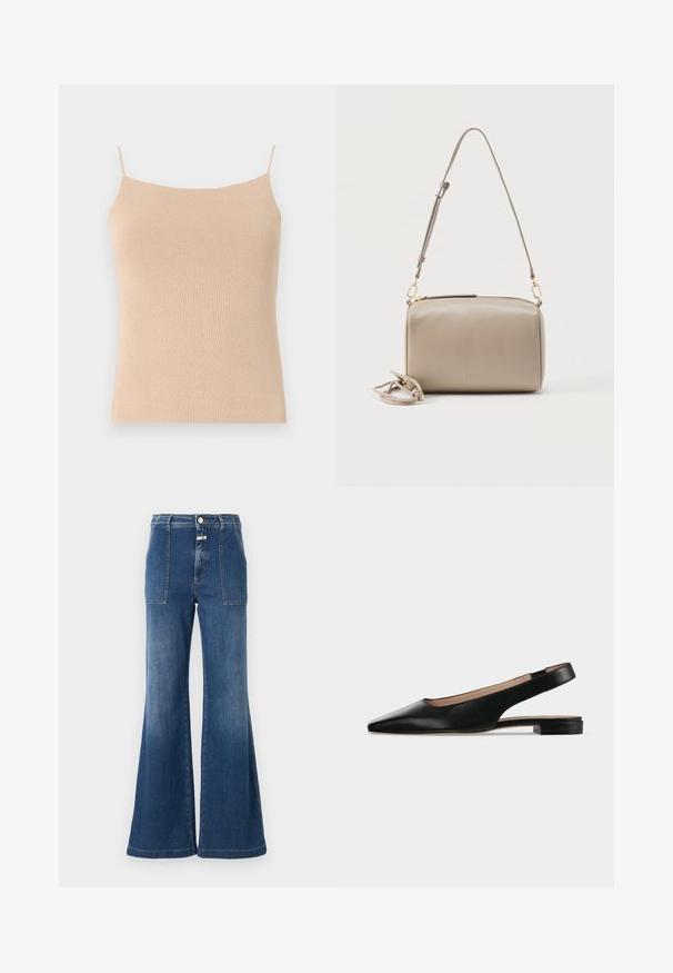 Beige gestricktes Cami mit dünnen Trägern, das ein tailliertes Design und einen strukturierten Stoff aufweist, ideal zum Layering oder für legere Outfits.; Hochgeschnittene Schlagjeans aus mittelblauem Denim mit einem verblassten Finish. Verfügt über aufgesetzte Taschen und einen Knopfverschluss. Saubere Säume.; Schwarzer Lederslingback-Flachschuh mit spitzer Zehenpartie und niedrigem quadratischem Absatz auf weißem Hintergrund.; Beige rechteckige Lederschultertasche mit verstellbarem Träger und goldfarbenen Beschlägen, vor einfachem weißem Hintergrund.