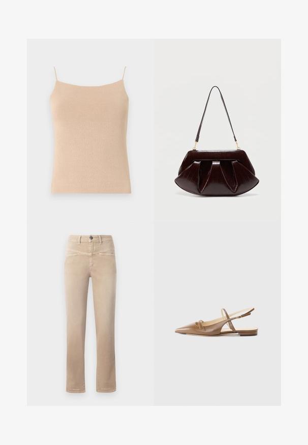 Beige gebreide top met dunne bandjes, met een aansluitend ontwerp en textuurstof, ideaal voor het dragen in lagen of casual gebruik.; Beige straight-leg jeans van zachte stof, met een knoopsluiting aan de voorkant, twee voorzakken en subtiele stikdetails.; Bruine leren slingback schoenen met een spitse neus, twee smalle banden en een lage hak. Gladde textuur met een gepolijste afwerking.; Donkerbruine leren handtas met geplooide plooien, gouden beslag en een enkele schouderriem tegen een effen lichte achtergrond.