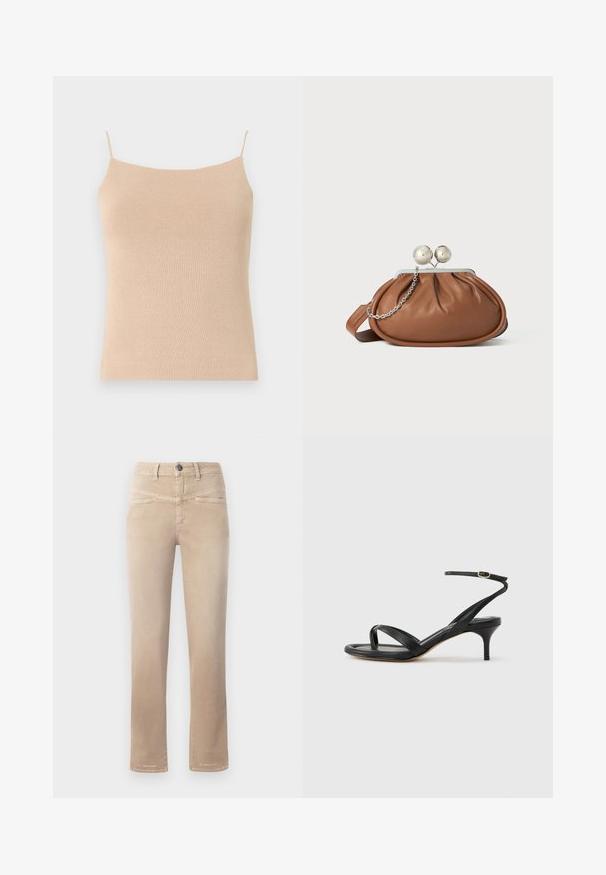 Camisole en tricot beige avec des bretelles fines, présentant une coupe ajustée et un tissu texturé, idéale pour le superposition ou un usage décontracté.; Jeans beiges à jambe droite en tissu doux, avec une fermeture à bouton devant, deux poches avant et des détails de couture discrets.; Sandale pour femme en cuir noir avec fines lanières, une boucle d'orteil, une boucle à la cheville et un talon aiguille de hauteur moyenne sur un fond neutre.; Pochette en cuir marron avec un fermoir à boule en argent et un petit détail en chaîne argentée sur fond blanc.