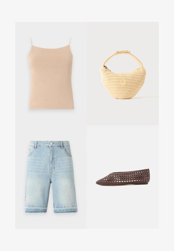 Beige gebreide top met dunne bandjes, met een aansluitend ontwerp en textuurstof, ideaal voor het dragen in lagen of casual gebruik.; Lichtblauwe denimshorts met een rafelige zoom, vijf zakken, en een standaard tailleband met knoopsluiting. Subtiele vervaging overal.; Bruine platte schoen met geweven opengewerkt ontwerp en gesloten afgeronde neus, zijaanzicht op een lichte achtergrond.; Beige geweven handtas met afgerond lichaam, ritssluiting en een korte, dikke band in een eenvoudige, gestructureerde haakstijl.
