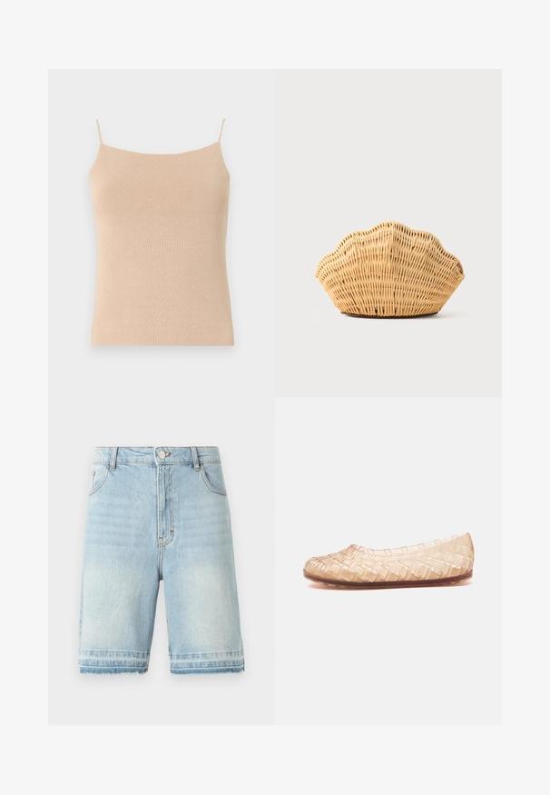 Beige pletená tielko s tenkými ramienkami, so priliehavým strihom a textúrovanou tkaninou, ideálne na vrstvenie alebo každodenné nosenie.; Svetlo modré rifľové šortky s rozstrapkaným lemom, dizajnom s piatimi vreckami a štandardným pásom s gombíkovým zapínaním. S jemným vyblednutím po celom povrchu.; Béžová priehľadná pletená plochá obuv s zaoblenou špičkou a hnedou podrážkou zobrazená z boku na bielom pozadí.; Tkáná kabelka z ratanu tvarovaná ako mušľa Hrebeňovky s prírodnou svetlohnedou farbou a zaoblenými, textúrovanými hranami.
