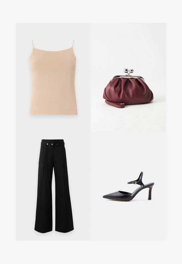 Beige strik camisole med tynde stropper, med en tætsiddende pasform og tekstureret stof, ideel til lag-på-lag styling eller afslappet brug.; Sorte brede bukser med høj talje, som har store sidelommer, to forreste knapper og en løkke-detalje. Lavet af holdbart materiale.; Sort spids højhælet sko med tynd ankelrem og sølvspænde, glat læderfinish, elegant damesko.; Lille bordeauxlæder clutch-pung med sølv metal lukning og håndledsrem på hvid baggrund.