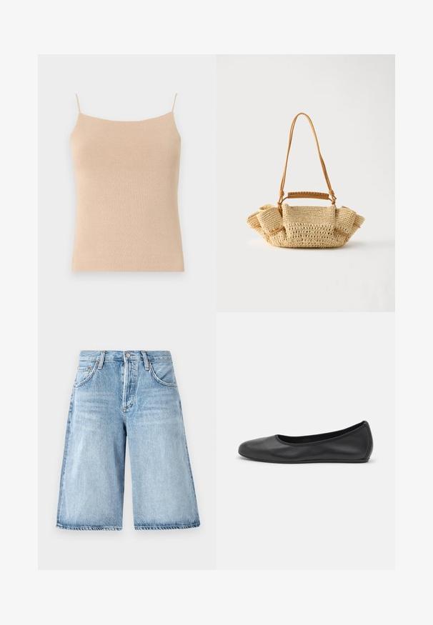 Beige gestricktes Cami mit dünnen Trägern, das ein tailliertes Design und einen strukturierten Stoff aufweist, ideal zum Layering oder für legere Outfits.; Hellblaue Denim-Shorts mit lockerer Passform, hoher Taille, fünf Taschen-Design und dezentem Verblassen des Stoffes.; Schwarze Leder-Ballettschuhe mit abgerundeter Spitze, glatter Textur, minimalen Nähdetails und einem flexiblen Sohlen-Design.; Gewebte beige Handtasche mit langem, dünnem Riemen und gerafften Seiten, mit kurzem Griff, der mit Leder umwickelt ist, für verschiedene Tragevarianten.