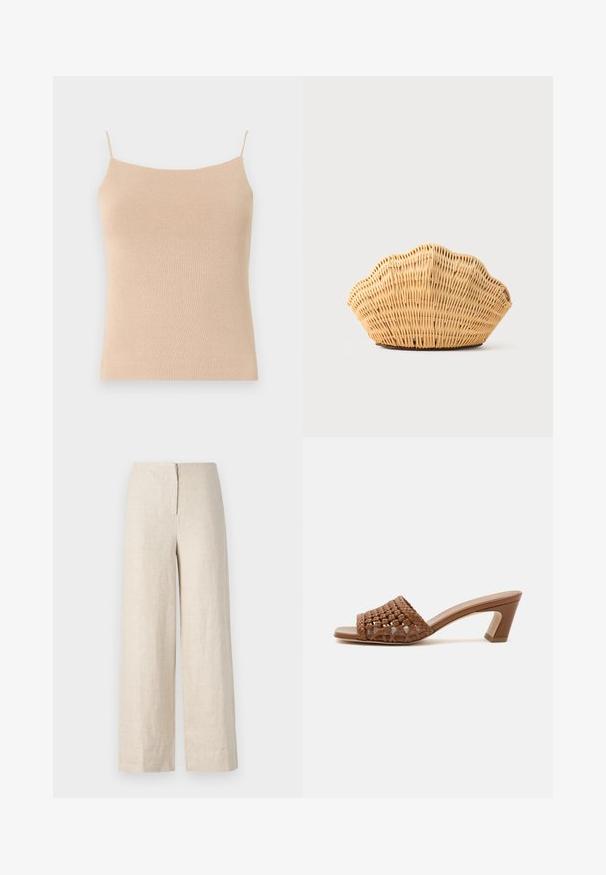 Camiseta de punto beis con tirantes finos, que presenta un diseño ceñido y una tela texturizada, ideal para superponer o para uso casual.; Pantalones de lino beige de pierna ancha con cintura alta y cremallera oculta en la parte posterior. Textura suave y tejido transpirable.; Mule marrón tejido con punta abierta, tacón ancho y diseño sin cierre sobre un fondo blanco liso.; Bolso de mano de ratán tejido con forma de concha de vieira, de color marrón claro natural y bordes redondeados y texturizados.