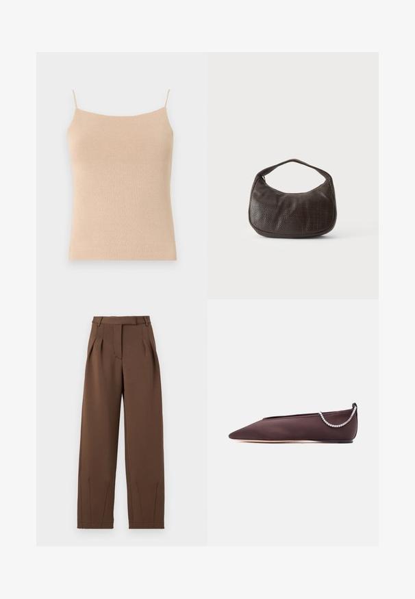 Camisole en tricot beige avec des bretelles fines, présentant une coupe ajustée et un tissu texturé, idéale pour le superposition ou un usage décontracté.; Pantalons marron en tissu lisse, avec une taille haute, des plis avant et une coupe décontractée. Comprend des poches latérales et des jambes fuselées.; Chaussure plate marron foncé à bout pointu avec un petit talon et un détail chaîne en strass argentée à l'arrière.; Petit sac à main marron foncé texturé avec une courte bandoulière et un fond arrondi sur un fond clair uni.
