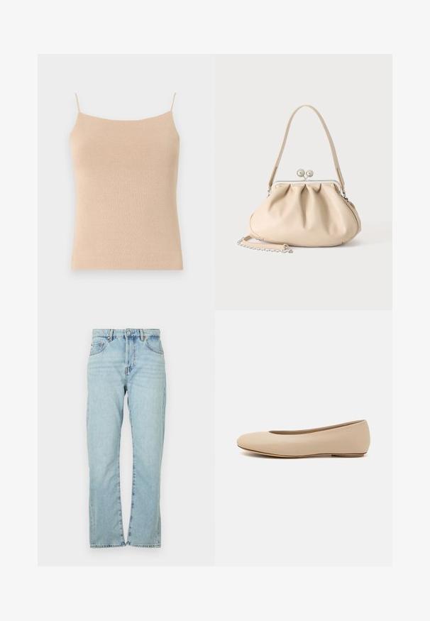 Beige kudumitega top õhukeste rihmadega, sobivas lõikega ja tekstuurse materjaliga, ideaalne kihistamiseks või igapäevaseks kandmiseks.; Heledad sinine denim pükste disain on otse jalgadega. Omab viit taskut, metallist nuppe ja kergelt kulunud tekstuuri.; Beeži nahk balletitossud ümarate varvastega, minimaalse õmbluse detailiga, madala kanna ja diskreetse logoga taga. Sile, mati tekstuur.; Beež pehme nahast käekott hõbedase metallraami klambriga, ühe õlarihma ja valikulise kettpaelaga valgel taustal.