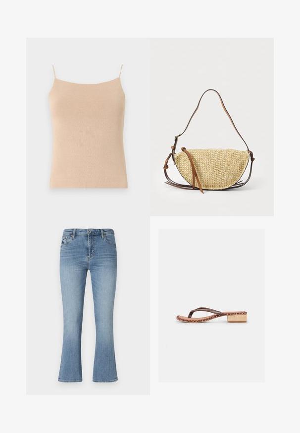 Beige gestricktes Cami mit dünnen Trägern, das ein tailliertes Design und einen strukturierten Stoff aufweist, ideal zum Layering oder für legere Outfits.; Hellblaue Schlagjeans aus Denim. Hat eine mittelhohe Taille, fünf Taschen und Gürtelschlaufen. Verwaschene Details und sichtbare Nähte.; Braune Ledersandale mit Zehensteg, geflochtenen Kanten und niedrigem Blockabsatz in natürlicher gewebter Textur auf weißem Hintergrund.; Geflochtene Strohtasche in Halbmondform, mit einem braunen Ledertrageriemen und Akzenten. Strukturierte, natürliche Farbe mit glatten Kanten.