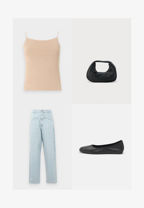 Beige gebreide top met dunne bandjes, met een aansluitend ontwerp en textuurstof, ideaal voor het dragen in lagen of casual gebruik.; Lichtblauwe high-waisted jeans met een recht gesneden ontwerp, voorzien van subtiele stiksels, twee vo pockets en een metalen knoopsluiting.; Zwarte leren ballerina met een ronde neus, gladde textuur, minimale stikdetails en een flexibele zoolontwerp.; Zwarte geweven hobo-tas met een zachte structuur en geïntegreerd handvat, weergegeven op een effen lichte achtergrond.