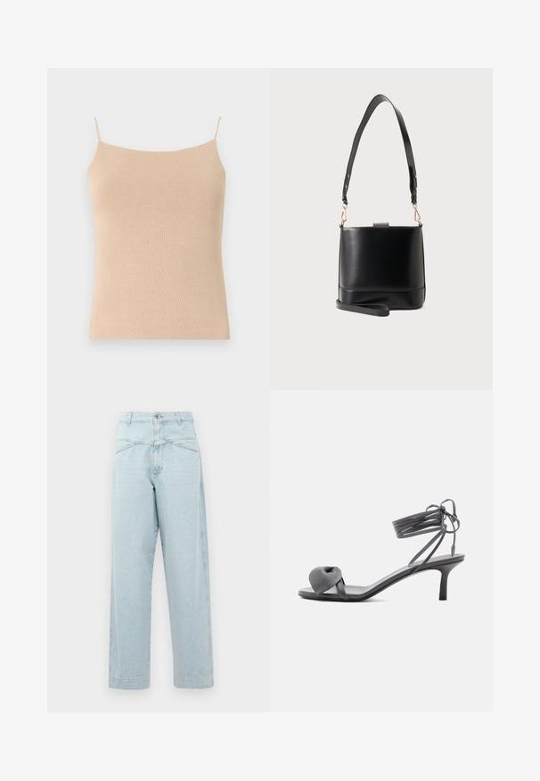 Beige strik camisole med tynde stropper, med en tætsiddende pasform og tekstureret stof, ideel til lag-på-lag styling eller afslappet brug.; Lysblå højtaljede jeans med lige ben-design, med diskret syning, to forlommer og metalknaplukning.; Grå læder sandal med hæl, knyttet rem ved tæerne og snørebånd, der vikles om anklen, på slank mellemhøj hæl mod hvid baggrund.; Sort læder pung med bred justerbar skulderrem og aftagelig håndledsrem på lys grå baggrund.