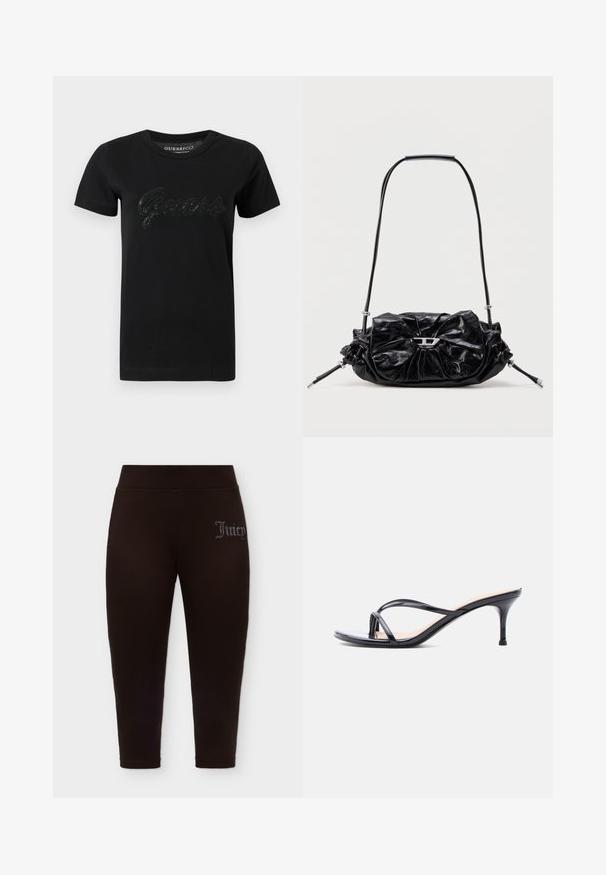 Μαύρο βαμβακερό T-shirt με στρογγυλή λαιμόκοψη, κοντά μανίκια και υφασμένη λογότυπο "Guess" με παγιέτες στο στήθος.; Μαύρα εφαρμοστά κολάν με ψηλή μέση και μικρό λογότυπο "Juicy" από στρας στο πάνω αριστερό μηρό.; Μαύρο πέδιλο από λουστρίνι με λεπτά σταυρωτά λουριά και λεπτό μεσαίου ύψους τακούνι στιλέτο σε λευκό φόντο.; Μαύρη δερμάτινη τσάντα χειρός με σχεδιασμό πιέτας και λεπτομέρεια φιόγκου στο μπροστινό μέρος. Διαθέτει κοντή λαβή και ασημένιες μεταλλικές λεπτομέρειες.