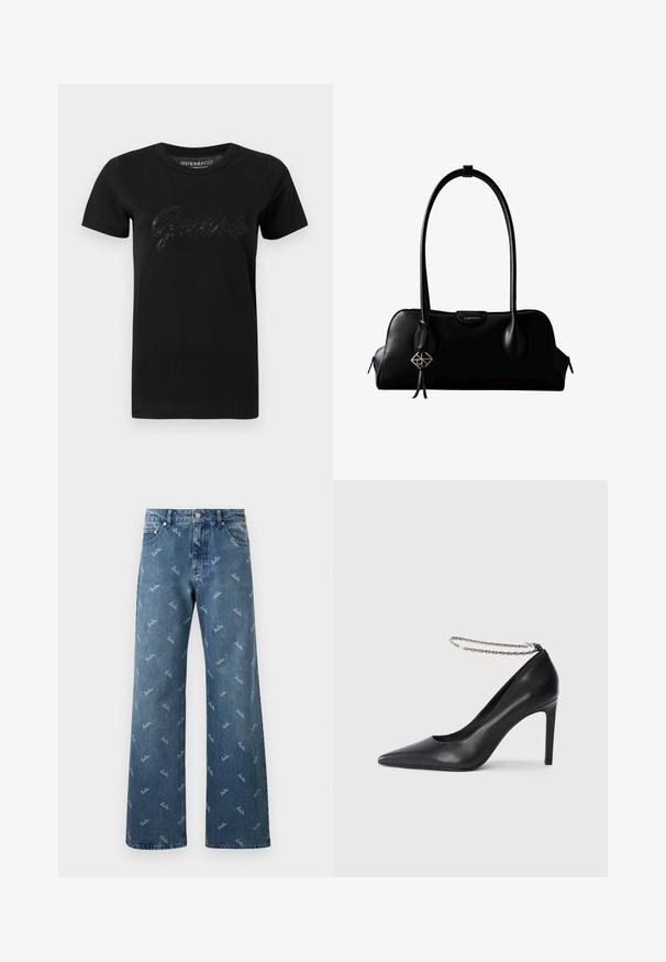 Sort bomuld T-shirt med rund hals, korte ærmer og et tekstureret palietlogo med "Guess" tværs over brystet.; Lyseblå denimjeans med bred bendesign, prydet med et gentaget 'lala' logo-mønster i hvid og en klassisk fem-lomme stil.; Sorte læder højhælede pumps med spids tå, der har en tynd sølvkæde ankelrem og en slank, glat tekstur.; Sort lædertaske fra Calvin Klein med lange håndtag, en forside-logo-tag og en sølv geometrisk vedhæng, der hænger fra det ene håndtag.