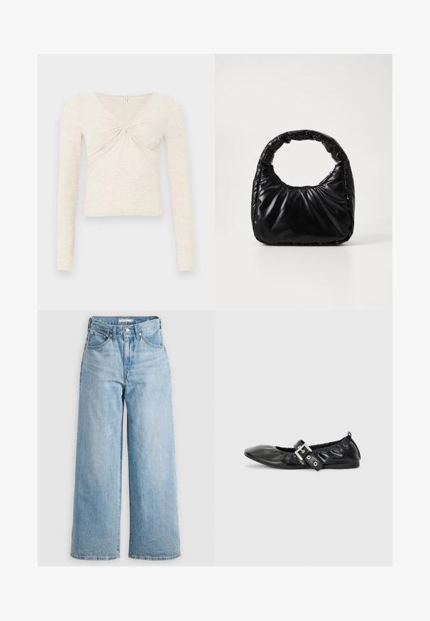Crème lange mouwen top gemaakt van zachte, gestructureerde stof. Heeft een V-hals en een draai-detail in het midden. Verkorte ontwerp.; Lichtblauwe wijde spijkerbroek met hoge taille, gemaakt van denimstof. Voorzien van een klassieke vijf-pocketontwerp en metalen hardware.; Zwarte leren platte schoen met een spitse neus, geplooide details rond de opening en een zilveren gespaccentueerde verstelbare band.; Zwarte gevoerde handtas met een ronde handgreep, met een gladde, glanzende oppervlakte en een zachte, gewatteerde textuur. Geen zichtbare metalen onderdelen of accenten.