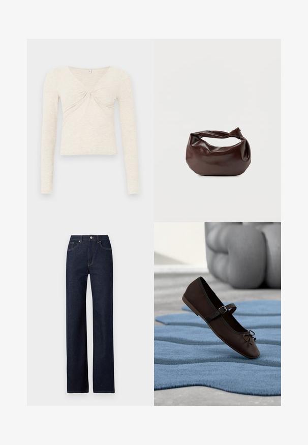 Crème lange mouwen top gemaakt van zachte, gestructureerde stof. Heeft een V-hals en een draai-detail in het midden. Verkorte ontwerp.; Donkerblauwe denim jeans met een rechte pijp, klassieke vijf-pocketstijl, zichtbare stiksels en een knoopsluiting aan de voorkant.; Donkerbruine Mary Jane platte schoen met gesp en strikdetail, rustend op een golvend blauw gestructureerd tapijt en een grijze gestoffeerde bank op de achtergrond.; Donkerbruine leren schoudertas met een zachte, slungelige vorm en een gedraaide knoopvormige handgreep op een effen witte achtergrond.