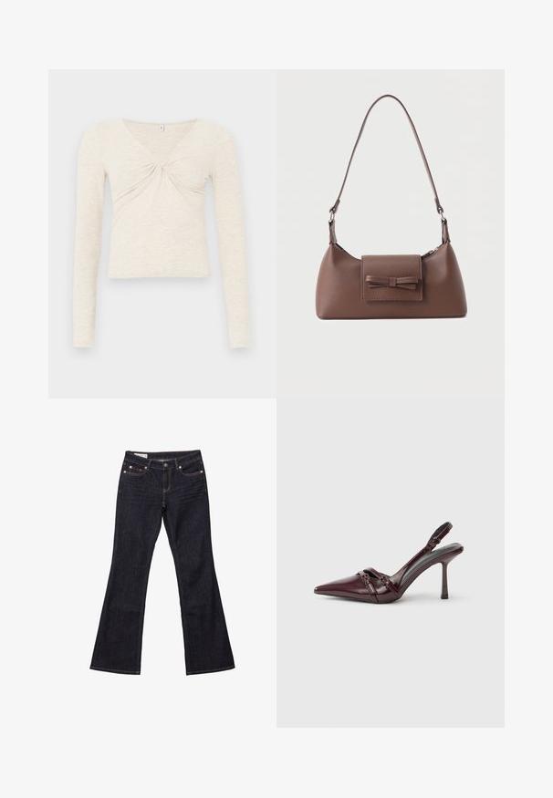Creme langærmet top lavet af blødt, tekstureret stof. Har en V-udskæring og en twist-detalje i midten. Forkortet design.; Mørkeblå denim bukser med flared ben, fem lommer, kobbernitter og kontrastsyet. Glat tekstur med en lige, afslappet pasform.; Bourgogne laklæder slingback-hæl med spids tå, tynd ankelrem og lille dekorativ spænde. Glat tekstur og høj hæl.; Brun skuldertaske i læder med en frontlomme med klap, der har en sydd sløjfedetalje, og en justerbar rem.