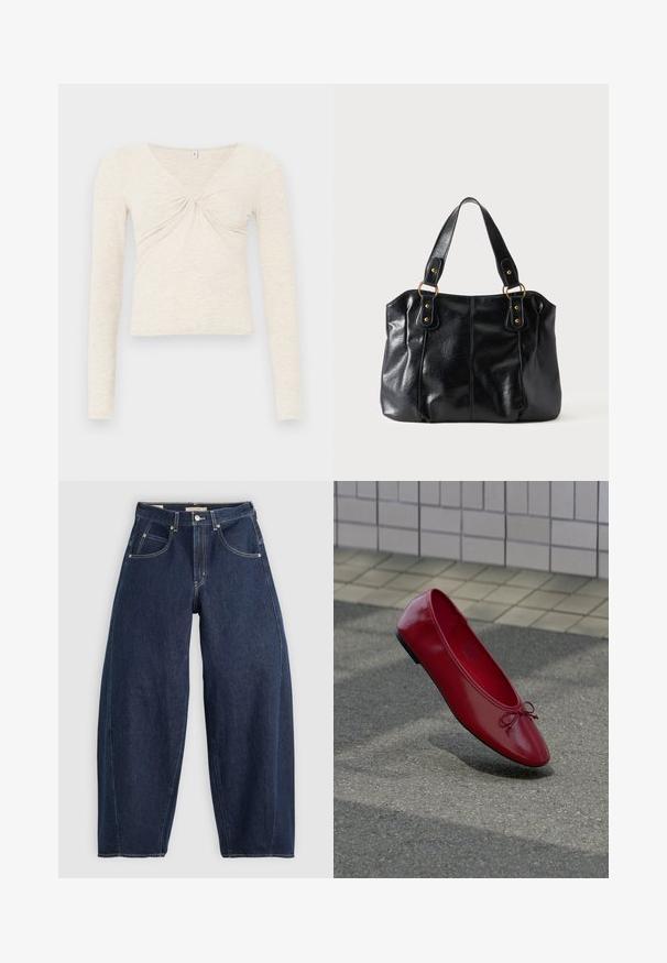 Crème lange mouwen top gemaakt van zachte, gestructureerde stof. Heeft een V-hals en een draai-detail in het midden. Verkorte ontwerp.; Donkerblauwe denim jeans met een losse fit, lichte stiksels, vijf zakken en een knoopsluiting op de taille.; Rode leren balletschoen met een klein strikje op een gestructureerd trottoir vlakbij een betegelde muur, met een schaduw eronder.; Zwarte leren schoudertas met dubbele bandjes bevestigd met gouden ringen en klinknagels, glad en licht glanzend oppervlak, eenvoudig ontwerp.
