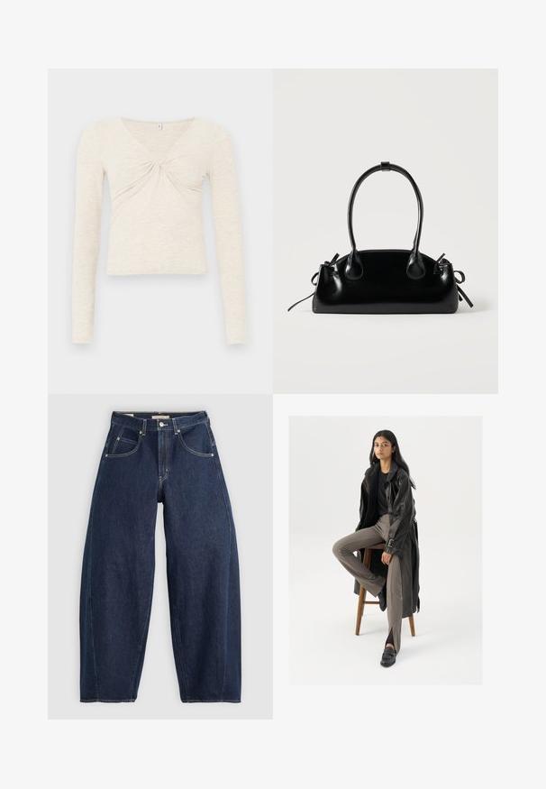 Creme langærmet top lavet af blødt, tekstureret stof. Har en V-udskæring og en twist-detalje i midten. Forkortet design.; Mørkeblå denim jeans med løs pasform, lyse syninger, fem lommer og en knaplukning ved taljen.; Sort læder trench coat med knapper og bælte detalje, parret med lysebrune tætsiddende bukser og sorte loafers, siddende på en træstol.; Lille sort blank håndtaske med to lange håndtag og snøre-detaljer i siden på en ensfarvet lys baggrund.