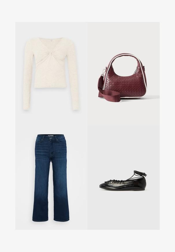 Creme langærmet top lavet af blødt, tekstureret stof. Har en V-udskæring og en twist-detalje i midten. Forkortet design.; ONLY Petite ONLMADISON BLUSH WIDE - Wide leg - dark blue denim; Sorte balletflade sko i laklæder med rundet tå, snørelukning og flad sål. Glat tekstur med få detaljer.; Mørkerød vævet lædertaske med buet hank, hvid kant, sølv lynlås og aftagelig bred stofskulderrem mod en ensfarvet baggrund.