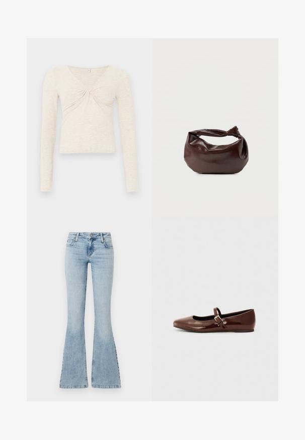 Haut à manches longues crème en tissu doux et texturé. Doté d'un col en V et d'un détail torsadé au centre. Design court.; Jean flare en denim bleu clair avec une taille mi-haute, cinq poches et des coutures bien marquées le long des bords, comportant un système de fermeture à bouton en métal.; Ballerine en cuir verni marron avec un bout carré et une lanière ornée d'une petite boucle dorée. Texture lisse, talon bas et design minimaliste.; Sac bandoulière en cuir marron foncé avec une forme souple et décontractée et une anse nouée torsadée sur un fond blanc uni.