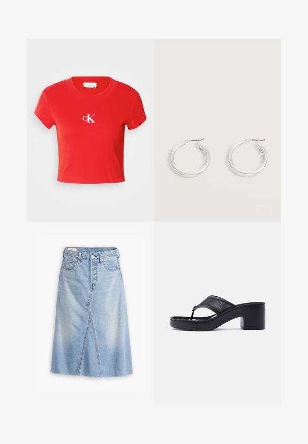 Rød cropped t-shirt lavet af ribbet stof, med rund halsudskæring og korte ærmer. Viser et hvidt logo på brystområdet.; Lysblå denimnederdel med lige snit, frontspalte, filt kant, fem lommer og metalhardwaredetaljer.; Sort hælet flip-flop sandal med kraftig hæl og bredt netstofsrem over foden på en ensfarvet lys baggrund.; Par mellemstore skinnende sølv hoops øreringe med tynde metal spænder på en lys neutral baggrund.