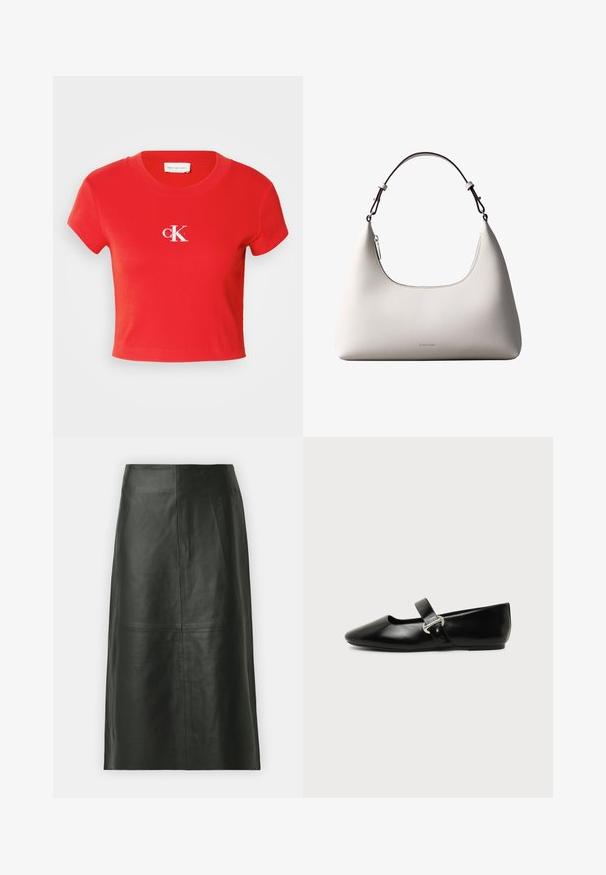 T-shirt rouge raccourci en tissu côtelé, avec un col rond et des manches courtes. Affiche un logo blanc au niveau de la poitrine.; Jupe midi en cuir noir avec une coupe droite. Texture lisse, coutures minimales et taille ajustée. Pas de poches visibles ni de détails supplémentaires.; Chaussure plate Mary Jane en cuir noir avec bout arrondi et bride à boucle argentée sur fond uni.; Sac à bandoulière en cuir couleur crème de Calvin Klein avec bord supérieur incurvé, fermeture éclair argentée et sangle ajustable brun foncé.